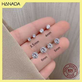 Bông Tai Bạc 925 Hanada Chuôi Vặn 6 Chấu Dày Dặn Đá CZ 6A Chuẩn 120 Lát Cắt Siêu Lấp Lánh Không ố Không mờ 0927