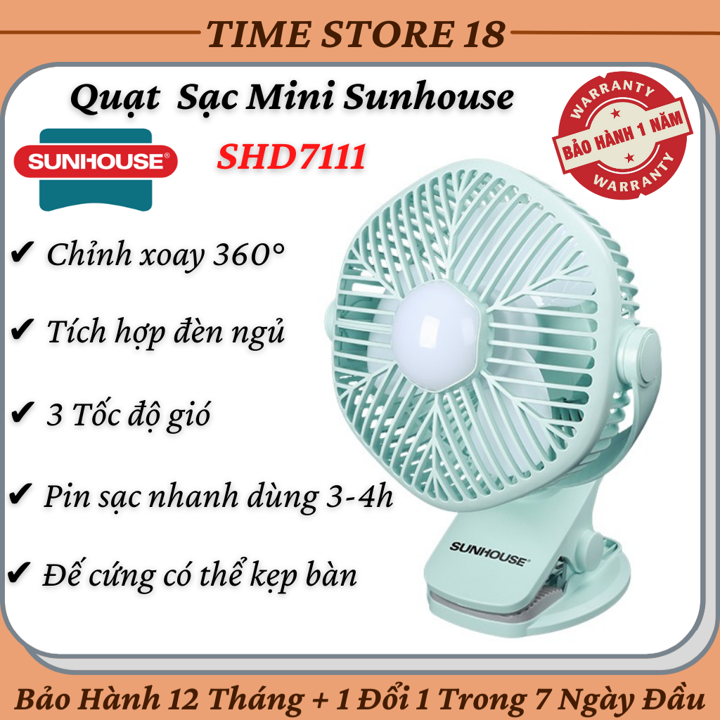 Quạt mini để bàn sunhouse shd7111 - quạt sạc tích điện mini có sạc nhanh pin trâu 4 tiếng tích hợp đèn ngủ ban đêm, quạt mini, quạt bàn, quạt treo tường