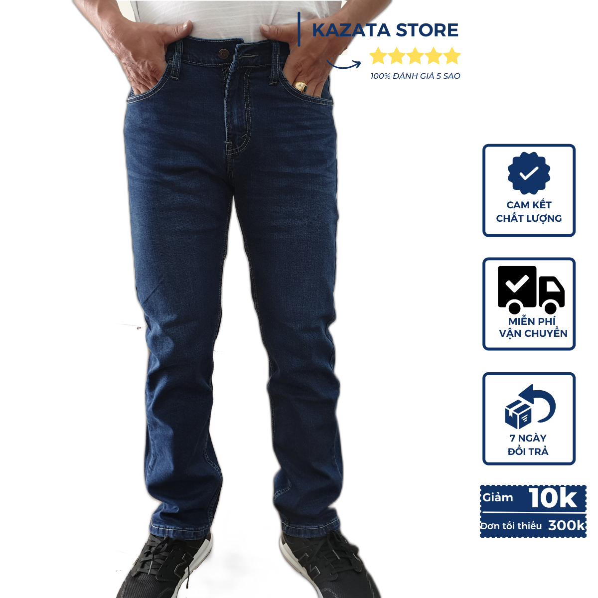 Quần jeans nam Kazata co giãn hàng VNXK màu xanh đậm form slimfit