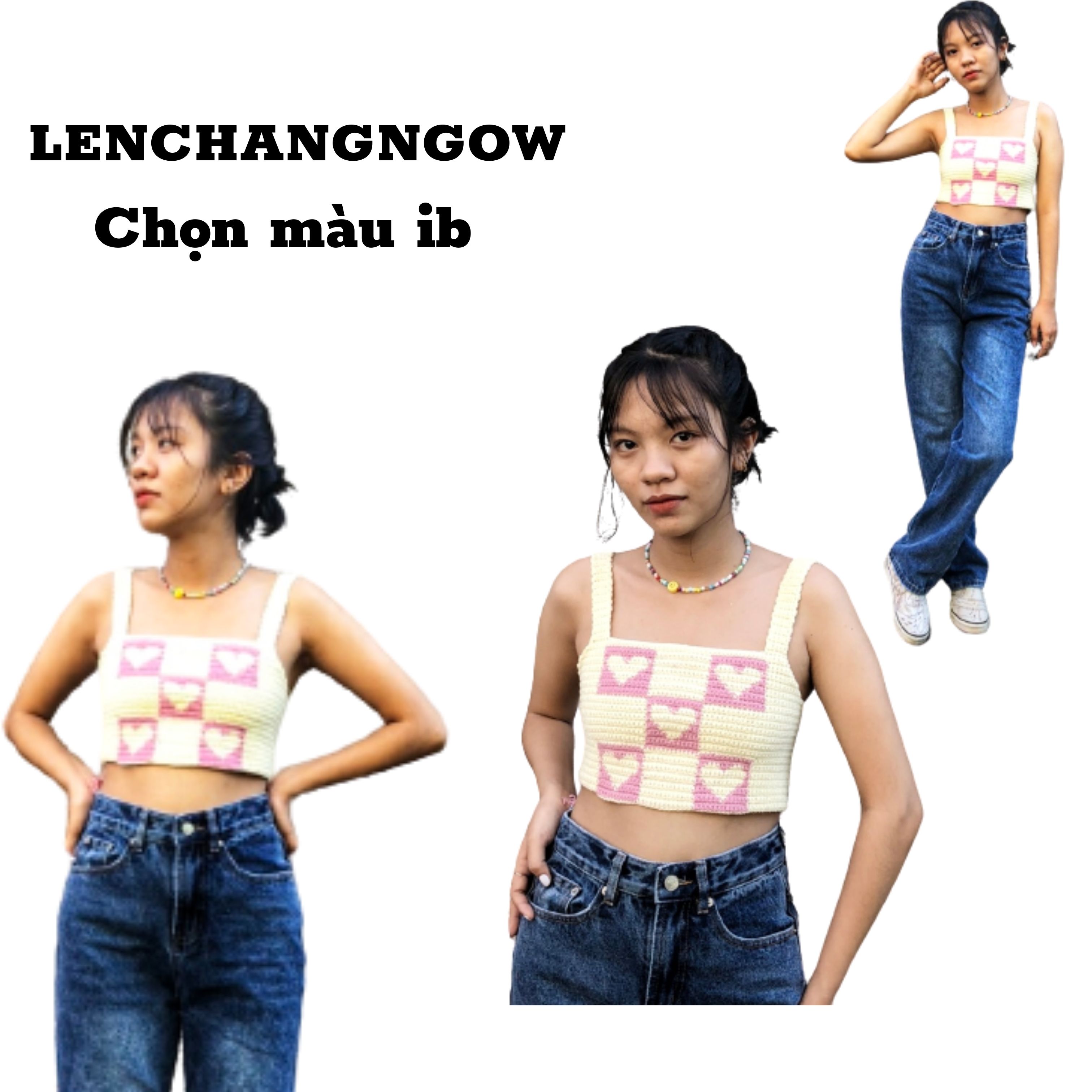 Áo croptop len hai dây họa tiết ô vuông trái tim