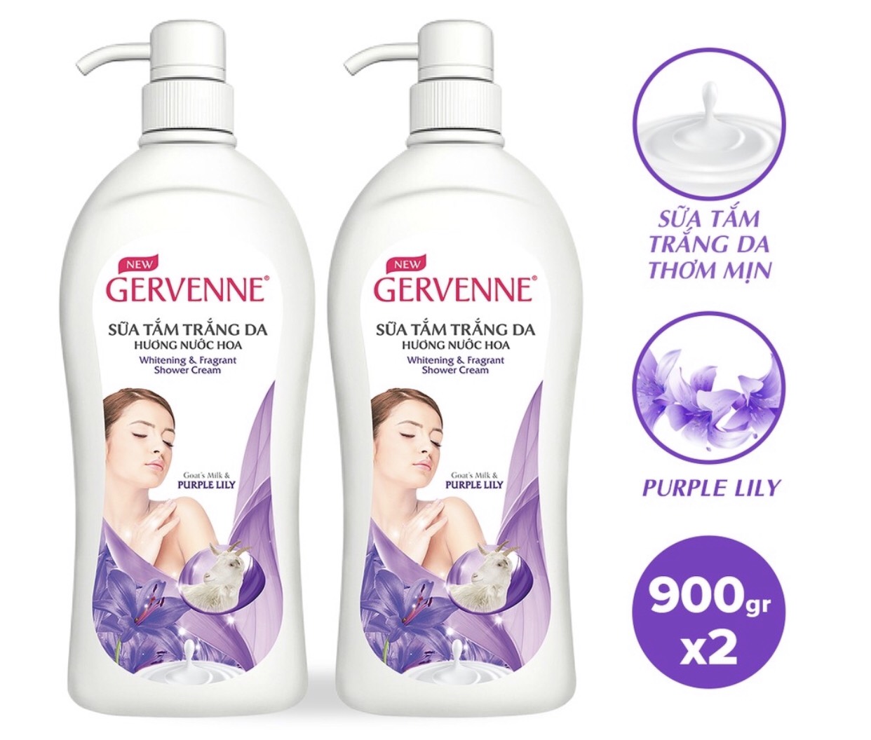 Combo 2 Sữa tắm Trắng da Hương nước hoa Gervenne Purple Lily (900g/chai)