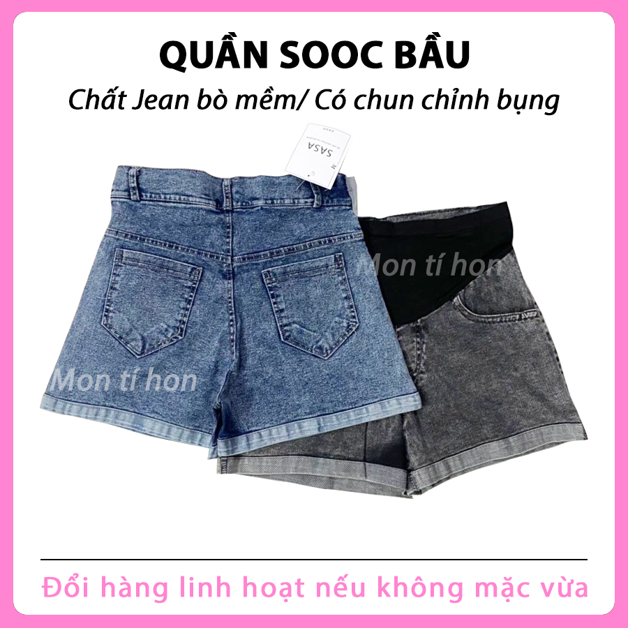 Quần bầu sooc jean | quần sooc bò bầu đủ size 40-75kg | Chất bò mềm co giãn - có đáp bụng và chun rút điều chỉnh mặc 9 tháng bầu