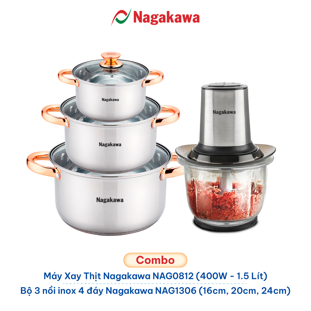 Máy xay thịt đa năng cao cấp NAG0812 và bộ 3 nồi inox 4 đáy NAG1306 (16cm 20cm 24cm) Nagakawa – hàng