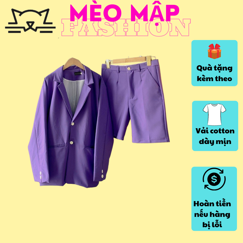 Set áo khoác blazer vest+ quần short âu phục màu tím vải mềm mát mịn Mèo Mập Fashion