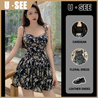 U·SEE Đầm Nữ Tiểu Thư Tay Bồng, Váy công chúa xoè xếp li  Váy In Hình Gió Ngọt Ngào Và Cay Mới Mùa Hè Peng Peng Eo Thon Váy Hoa Cổ Điển Cho Nữ HTS523