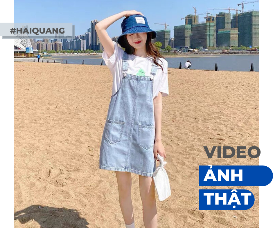 Váy yếm jean yếm váy bò haiquang hai túi trước chất đẹp trẻ trung màu xanh nhạt -mã váy 150