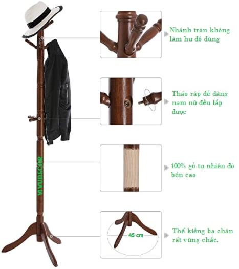 Cây Treo Quần Áo Vivudecor 100% Gỗ Tự Nhiên, Cây Treo Đồ GH 9 Nhánh Lắp Ráp Xuất Khẩu Hàn Quốc.