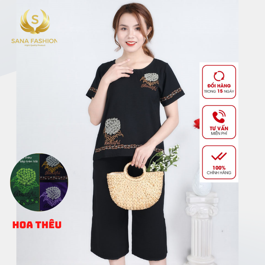Đồ bộ trung niên đồ bộ đũi ống rộng lửng cho mẹ mặc nhà thêu cẩm tú cầu CTC