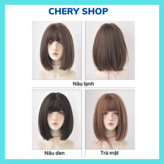 tóc giả nữ nguyên đầu ngắn cúp ngang vai 3030 làm bằng sợi tơ cao cấp tặng kèm lưới trùm