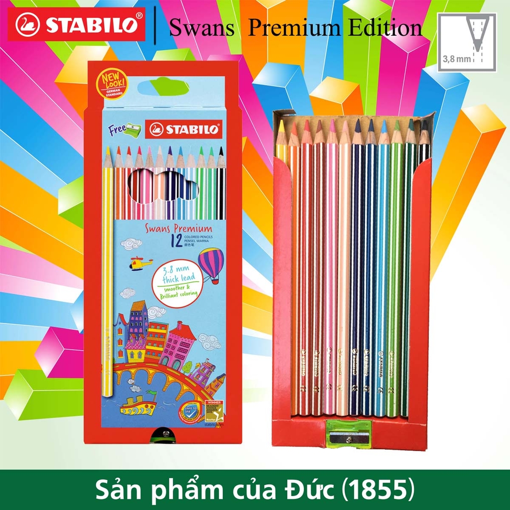 Combo bút chì màu stabilo swans premium 3.8mm - hộp 12 màu ngắn/dài