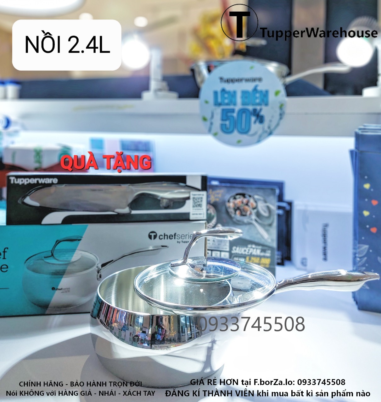 Tupperware official store - kèm quà dao santoku nồi t chef series saucepan 2.4l lazada chính hãng 100%