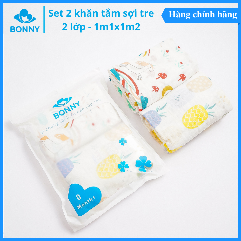 Set 2 Khăn Tắm Em Bé Sợi Tre Bonny 2 Lớp Kích Thước 1m1x1m2, Set 2 Khăn Quẩn Ủ Mềm, Mịn, Mát Dùng Quanh Năm
