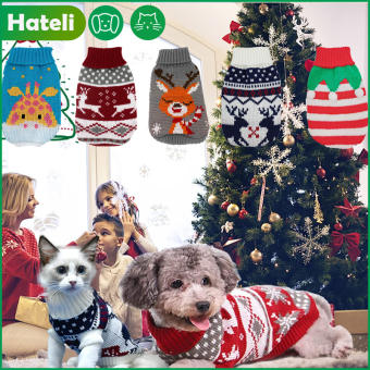 HATELI Trang Phục Áo Len Giáng Sinh Cho Chó Quần Áo Dệt Kim Giáng Sinh Cho Mèo Áo Len Màu Xanh Hải Quân Trắng Và Đỏ Giáng Sinh Với Tuần Lộc Họa Tiết Bông Tuyết Cho Mèo Con Chó Con