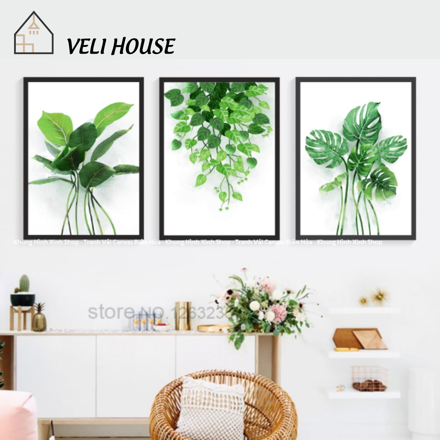 Bộ 3 tranh vải canvas trang trí tường kcv25 - Lá nhiệt đới - Kèm khung - 3 bức 30x42 cm - Veli hous