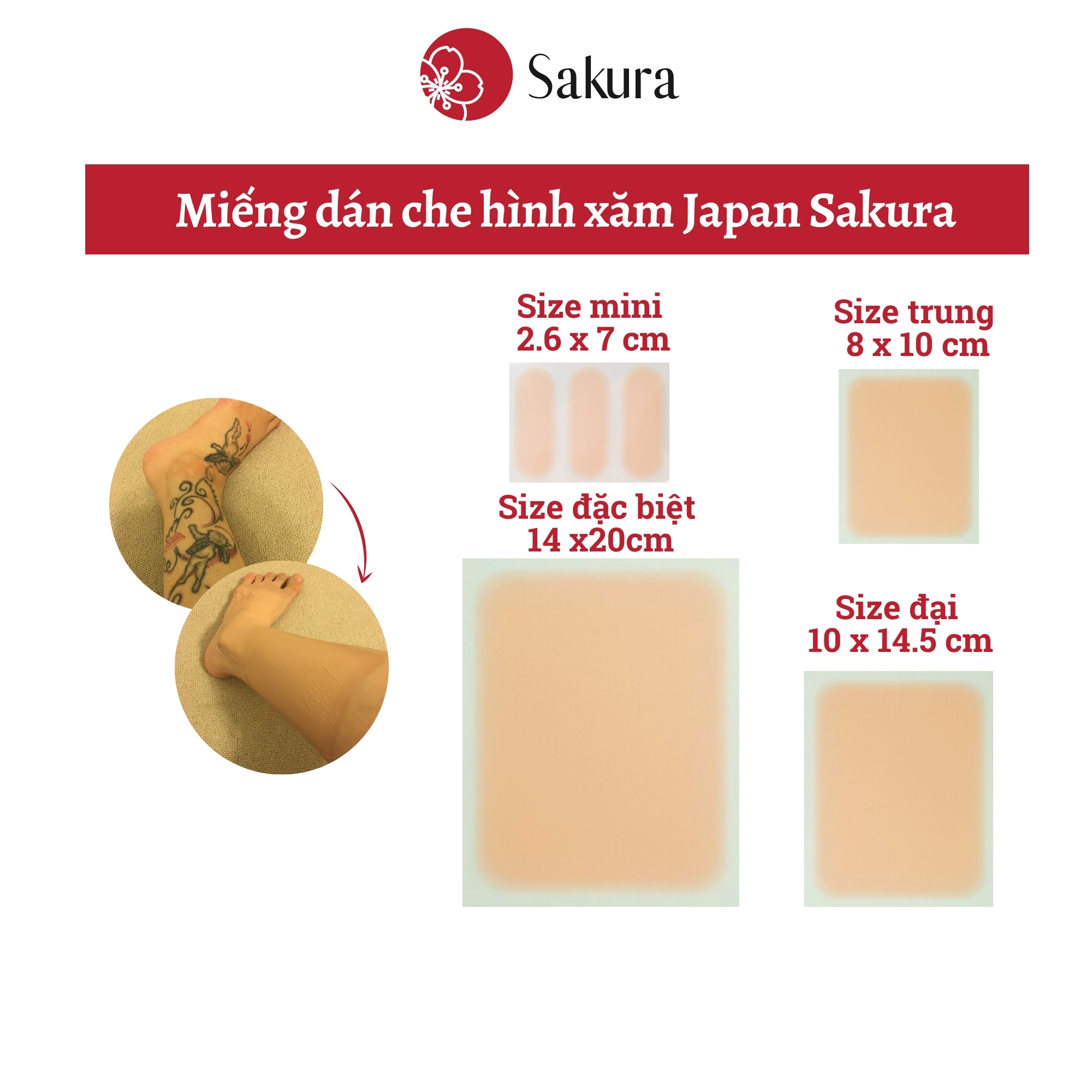 Miếng dán che hình xăm Japan Sakura che khuyết điểm nhanh chóng, chống nước, đa dạng kích thước, màu da