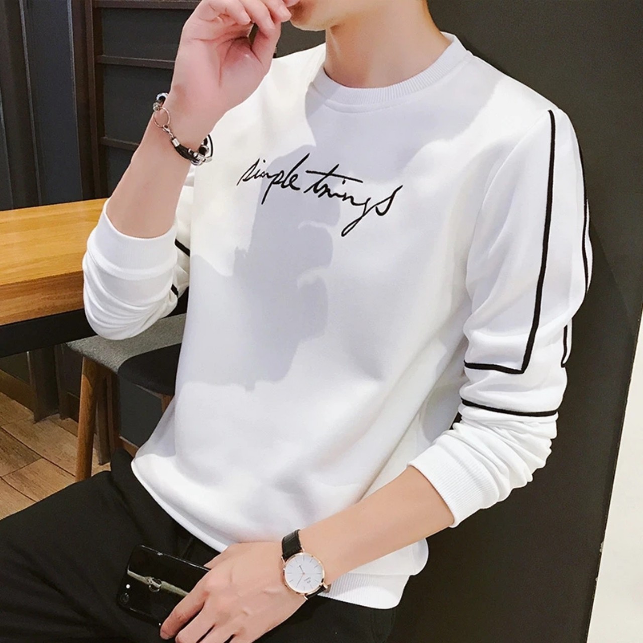 HCMÁo Thun Nam Cổ Tròn Dài Tay Trend DT01 Trắng
