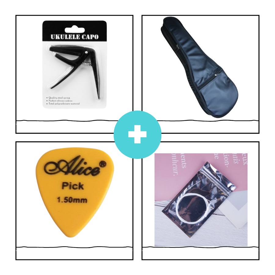 Combo 4: kẹp capo ukulele+ dây ukulele+ phím gãy+ bao da ukulele