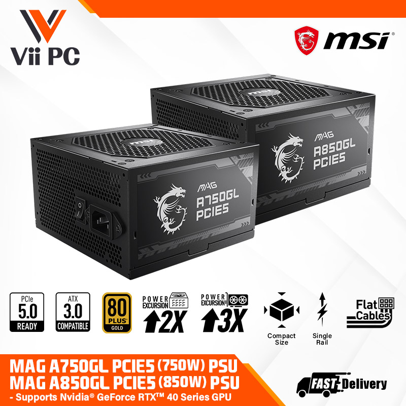 MSI - MAG A850GL PCIE 5.0, 80 GOLD Fully Modular Gaming PSU, 12VHPWR Cable,  ATX 3.0 Compatible, 850W Power Supply 