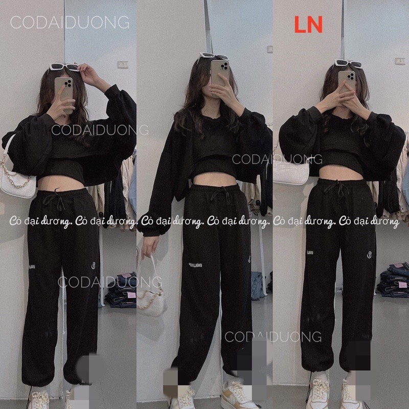 Sét áo croptop tay dài + quần bom chữ ln11