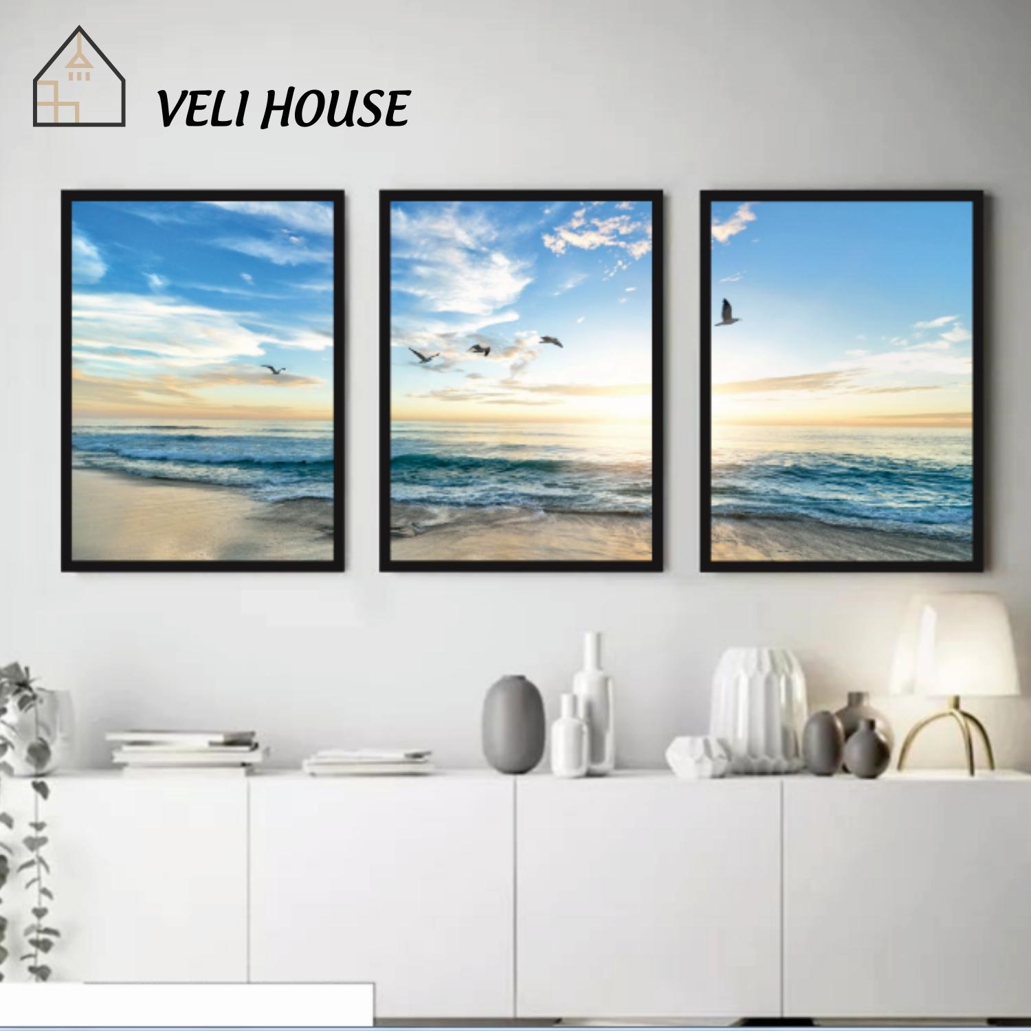 Bộ 3 tranh vải canvas trang trí tường kcv09 - Biển & hải âu - Kèm khung - 3 bức 30x42 cm - Veli house