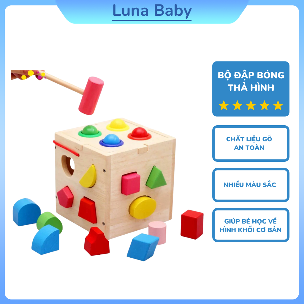 Đồ Chơi Gỗ Đập Bóng Thả Hình - Giúp Bé Phân Loại Màu Sắc Hình Khối - Hộp thả hình đạp bóng bằng gỗ, đồ chơi gỗ, đồ chơi thả hình, đồ chơi trẻ em, đồ chơi tư duy, nhà thả số đập bóng - Luna Baby
