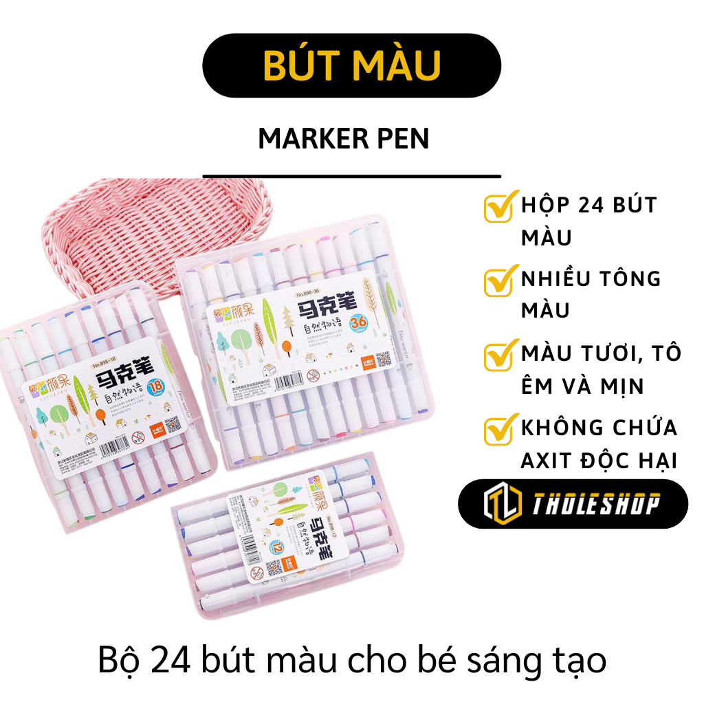 Bút màu nước - Bộ 24 bút đánh dấu 2 đầu - Bút lông màu nước cho bé tô màu, học vẽ, ghi chú, highlight