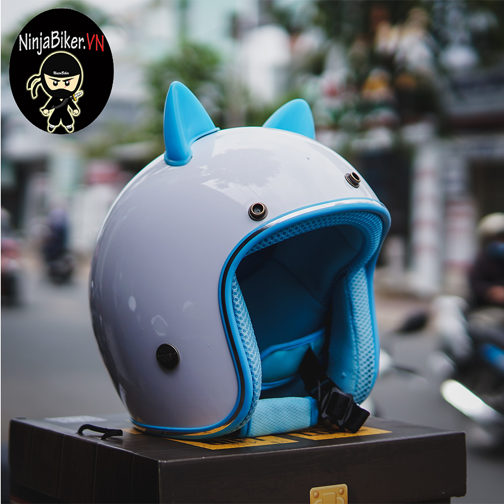 Combo Mũ bảo hiểm 3/4 NTMAX trắng lót XANH + tai mèo nhựa xanh siêu dễ thương