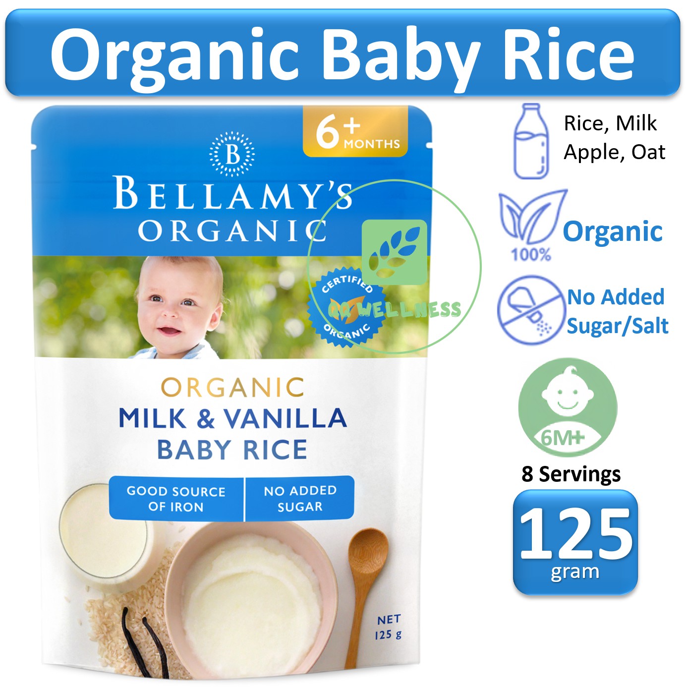 Bellamys Organic Baby Food 5+ Months 125G Baby Rice Puree
