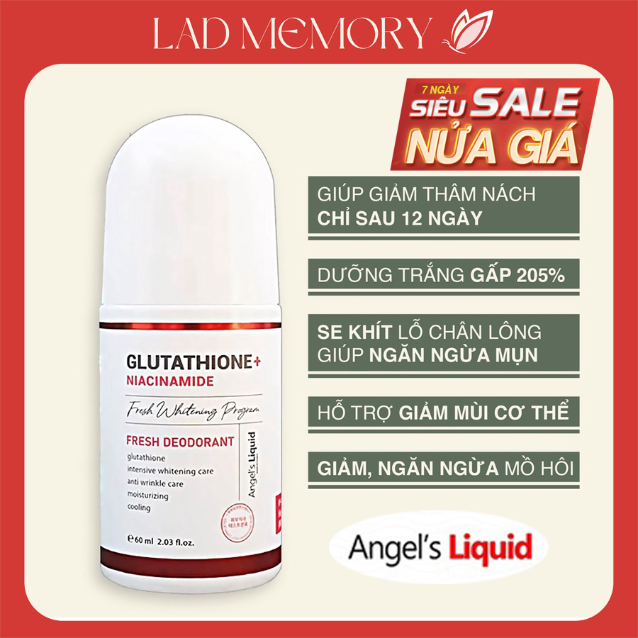 [3 Tặng 1] Lăn khử mùi hôi nách Angel Liquid Glutathione plus Niacinamide Fresh Deodorant 60ml dưỡng trắng nách hiệu quả