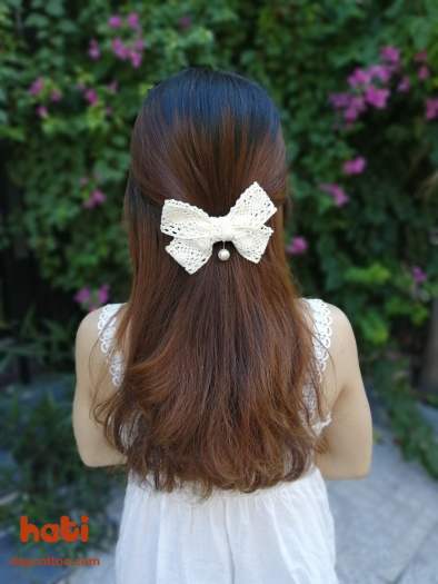 Kẹp tóc nơ ren đính hạt mã N10 - Kẹp tóc Handmade HATI