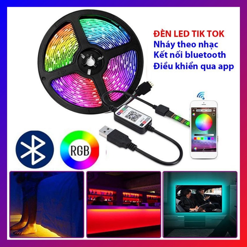 Đèn led tiktok 5m rgb đổi màu nháy theo nhạc dài 5 mét đèn trang trí có điều khiển chống nước dùng app điện thoại zn015