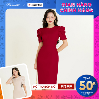 Đầm ôm công sở HeraDG thiết kế cổ tròn tay ngắn bồng cắt chiết ngực tinh tế chất liệu Tuytsi cao cấp SDPBC3091