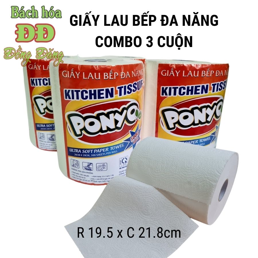 COMBO (3 CUỘN) GIẤY LAU BẾP ĐA NĂNG 2 LỚP PONYO - 500G/CUỘN
