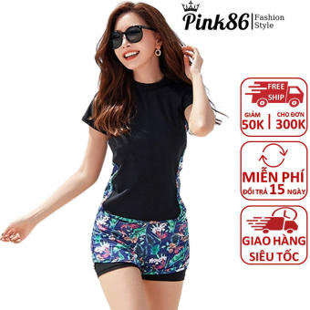 Bộ đồ bơi nữ, áo bơi cộc tay quần short hoa xinh xắn BK-352a