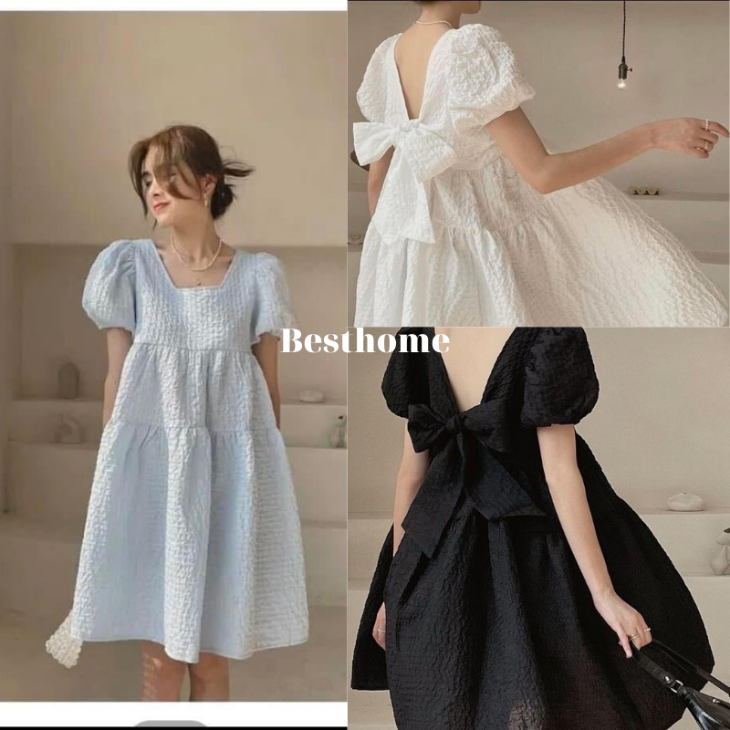 Váy Babydoll Thắt Nơ Sau Lưng, Đầm Trắng Dáng Babydoll xốp nhẹ bồng bềnh siêu xinh. BESTHOME