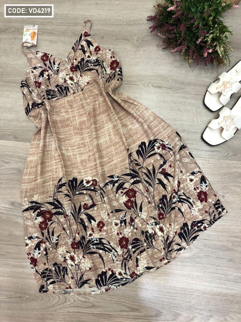Váy 2 dây vải lanh hoa – đầm dáng xòe