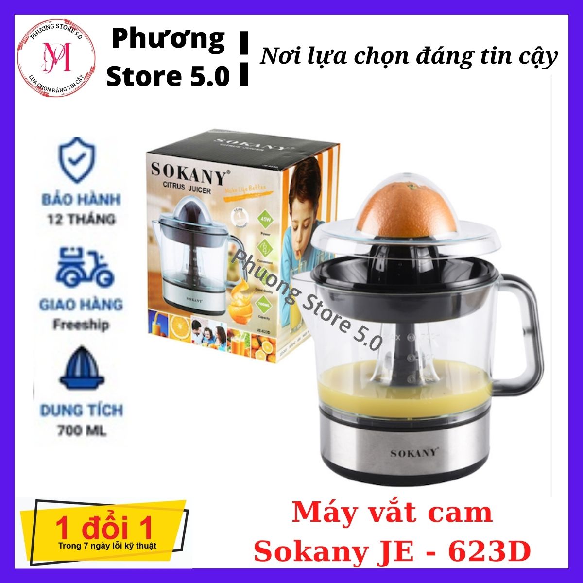 Máy vắt cam, máy ép cam sokany je-623d 700ml, máy ép trái cây, bảo hành 1 đổi 1 nếu do lỗi của nhà sản xuất
