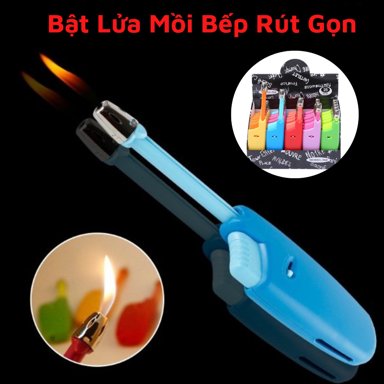 Bật lửa gas mồi bếp gấp gọn nhiều màu - hột quẹt gas khò đốt nến thơm