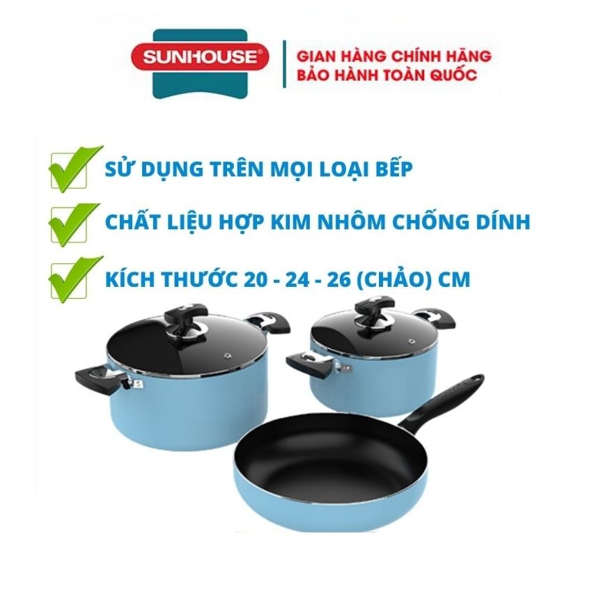 Bộ 3 nồi chảo chống dính bếp từ sunhouse 24cm 26cm 20cm chính hãng bảo hành toàn quốc