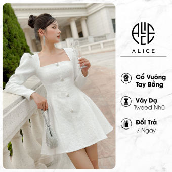 Váy Dạ Tweed Nhũ Tiểu Thư Cổ Vuông ALICE Dáng Xoè Có Gắn Cúc Đá, Tay Bồng Thanh Lịch, Điệu Đà V886