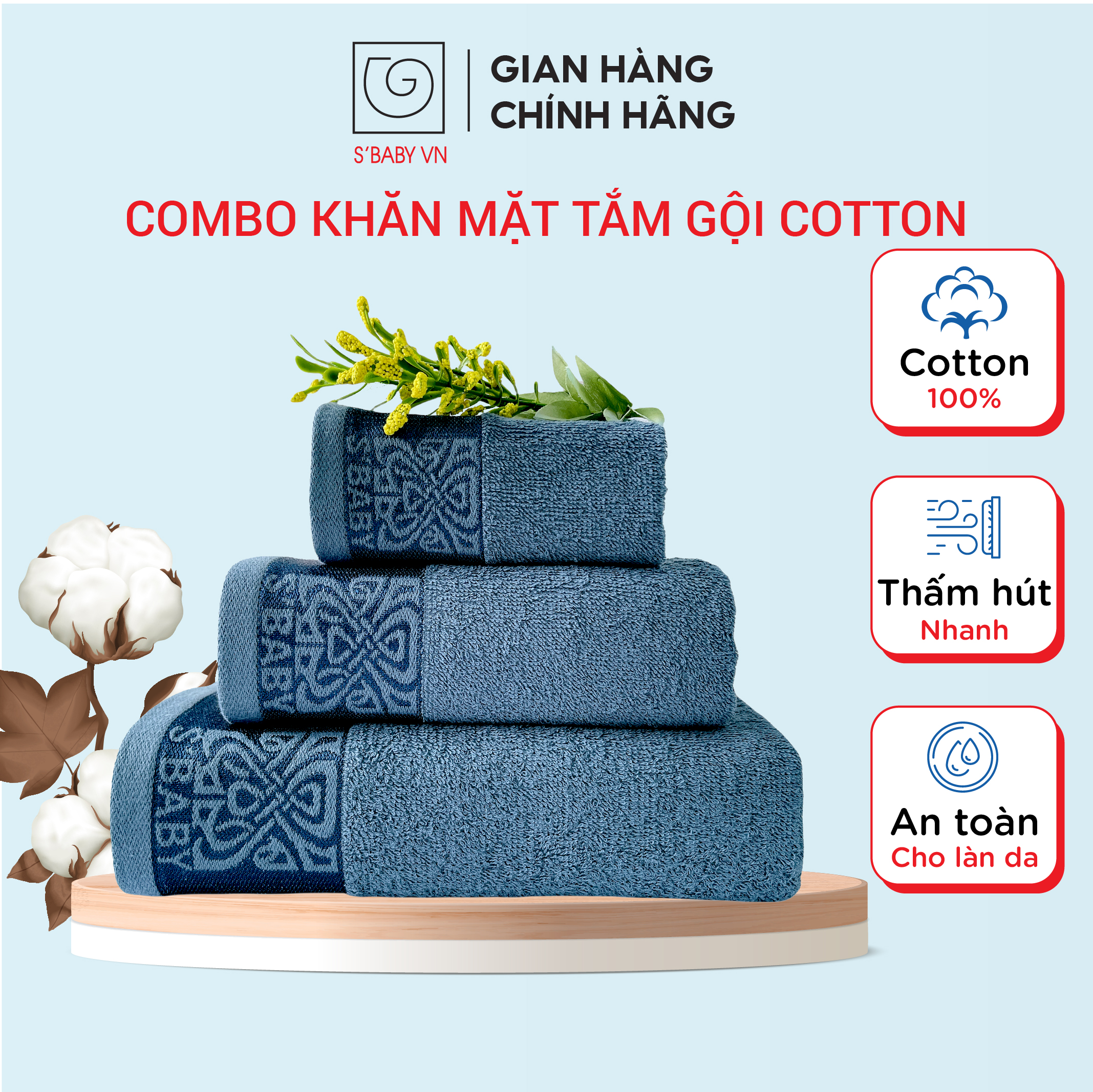 Combo 3 khăn gồm khăn tắm, khăn mặt, khăn quấn đầu cotton s'baby mềm mịn, an toàn cho da - cb000002