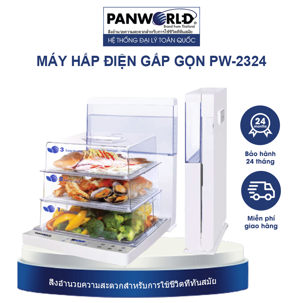 Nồi hấp điện 3 tầng, nồi hấp thức ăn gấp gọn panworld pw-2324 điều khiển điện tử, bảo hành 2 năm