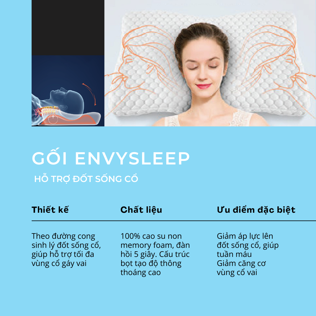 [HCM]Gối nằm cao su non CHÍNH HÃNG ENVYSLEEP phòng và hỗ trợ điều trị thoái hóa đốt sống cổ
