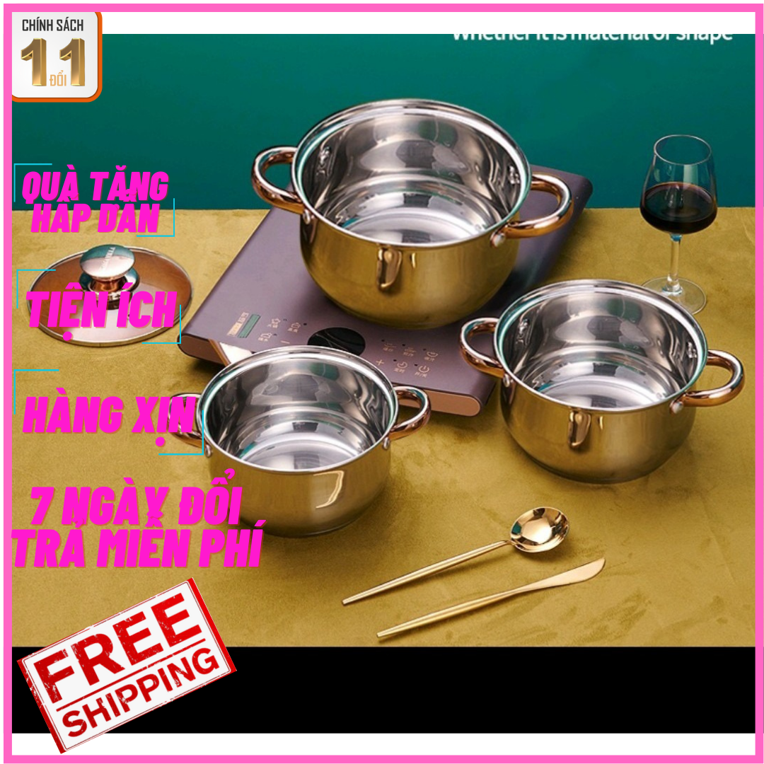 Bộ nồi Đức 3 món 5 đáy Yimeitai lắp hợp kim vàng dùng cho mọi loại bếp điện, bếp từ, bếp ga,24cm,20cm,16cm