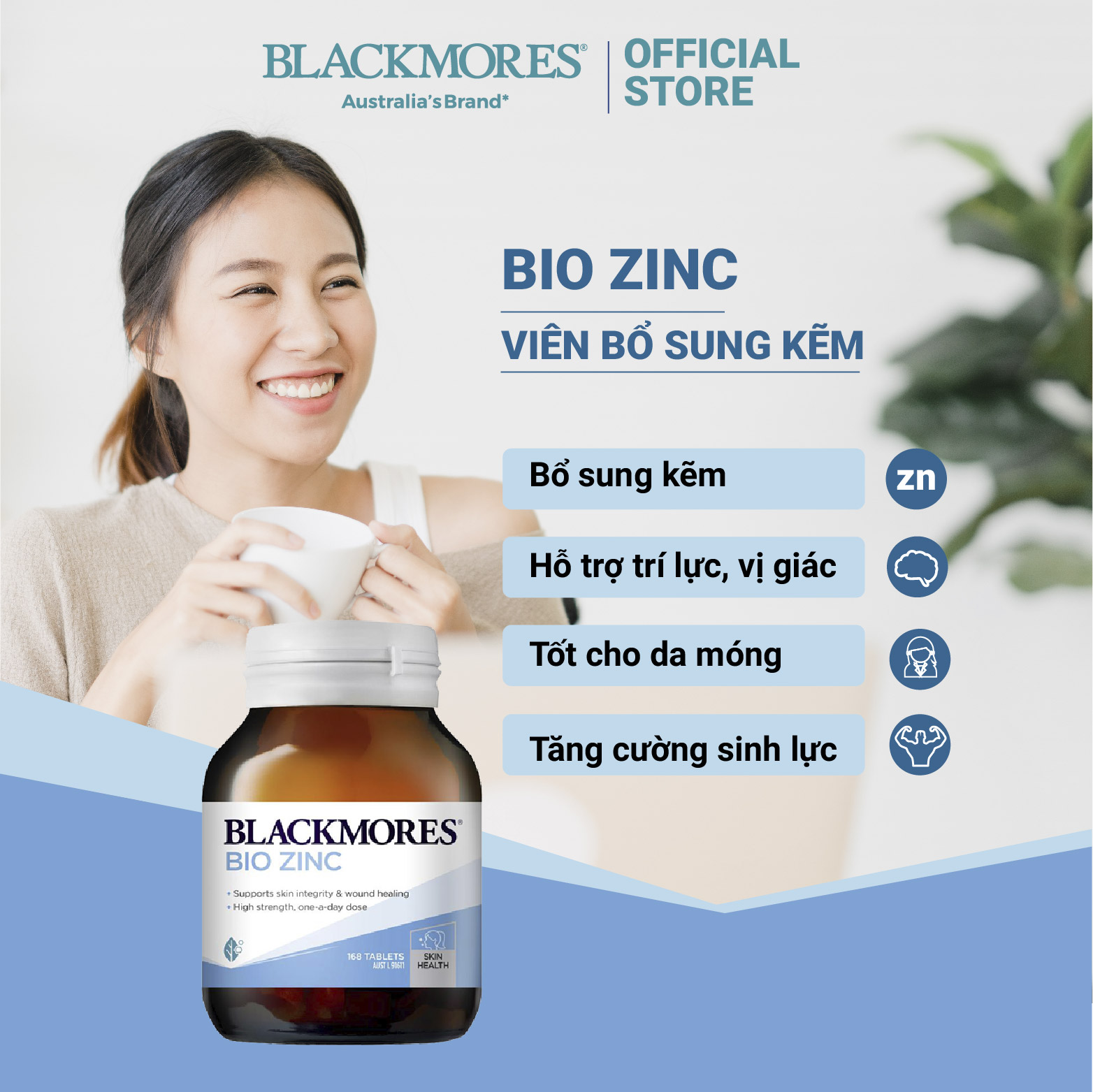 Viên uống bổ sung kẽm Blackmores Bio Zinc Úc 168 viên hỗ trợ điều trị mụn nội tiết, làm lành vết thương