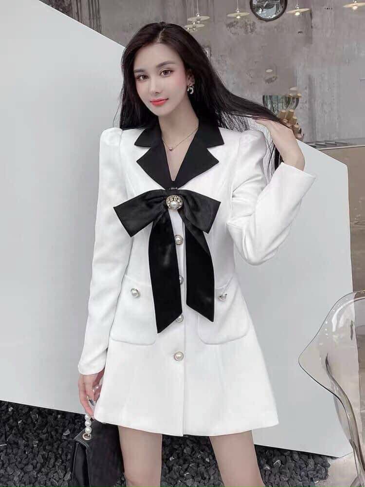Đầm cổ vest thắt nơ cực kì sang chảnh qúy phái 2 màu đen và trắng