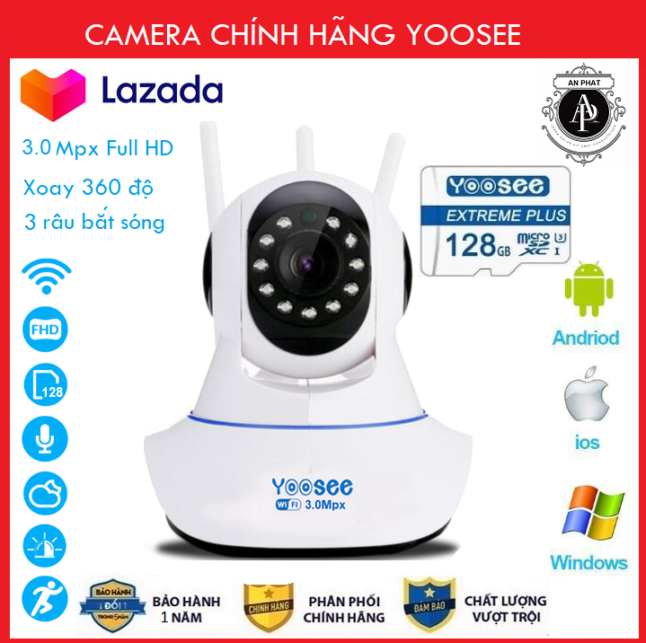 (Tùy Chọn Thẻ Nhớ  128GB)Camera Wifi Chuẩn 3.0MPX - Camera Yoosee 3 Râu 3.0Mpx Siêu  Nét Mới Nhất 2020 , Báo động nhiệt độ , hình ảnh sắc nét , xem đêm rõ nét (MÃ KÈM THẺ 395K VÀ KHÔNG THẺ 315K)