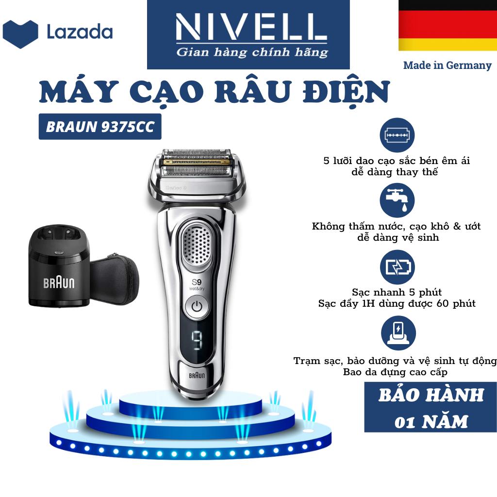 Máy cạo râu nam Braun Series 9 9375cc 5 lưỡi cạo chính hãng nội địa Nhật, đa năng thông minh, máy cạo râu mini công suất cao, sạc pin, dễ vệ sinh, electric shaver for men màu bạc, bảo hành 1 năm toàn quốc - NIVELL