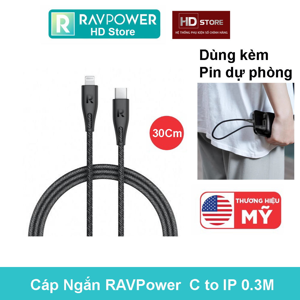 Dây sạc ngắn 30Cm RAVPOWER Type C to Lighting Iphone  0.3 Mét dùng Sạc Dự Phòng RP-CB1003