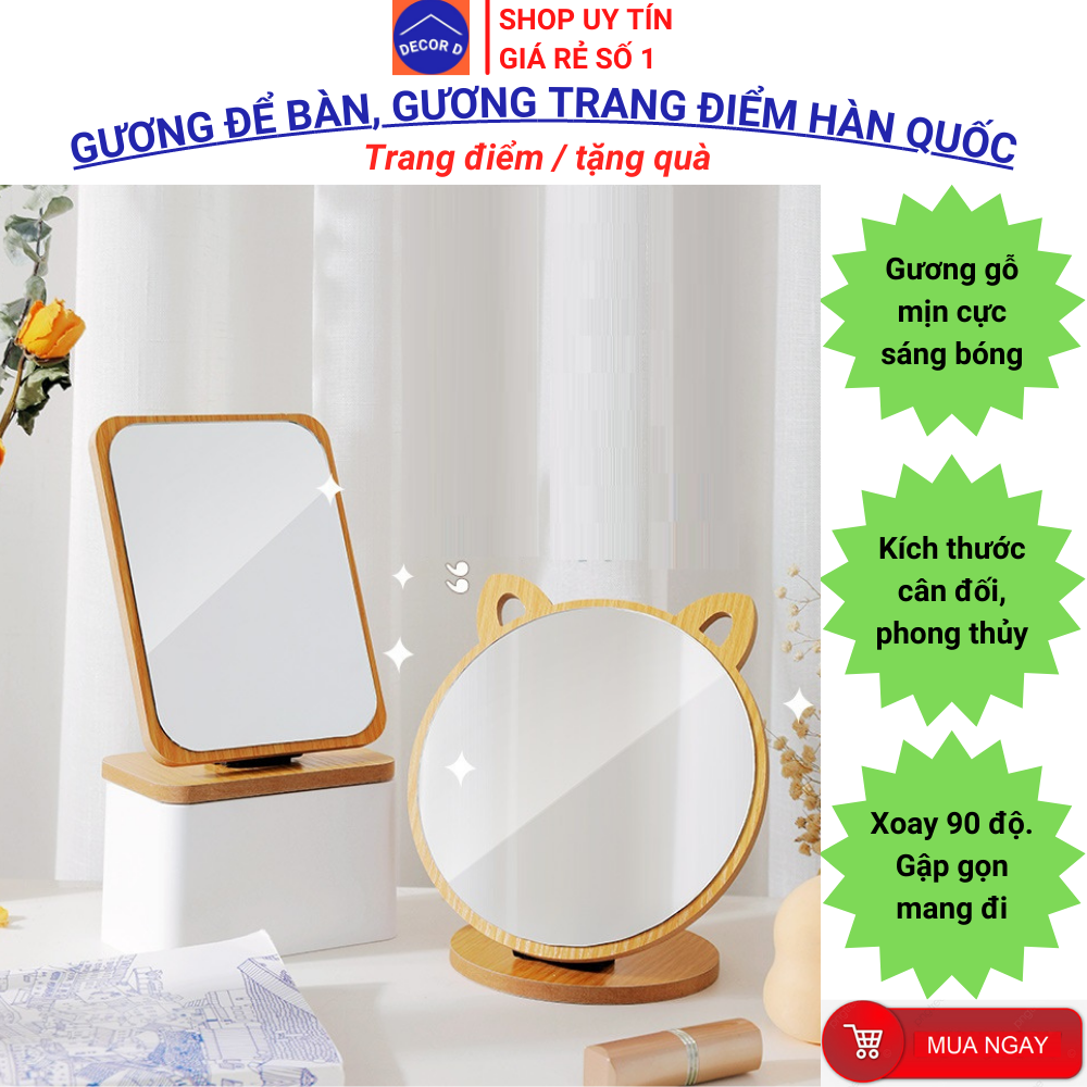 Gương gỗ Hàn Quốc, Gương để bàn trang điểm xoay gập linh động đa năng, cao cấp, sang trọng, tiện lợi